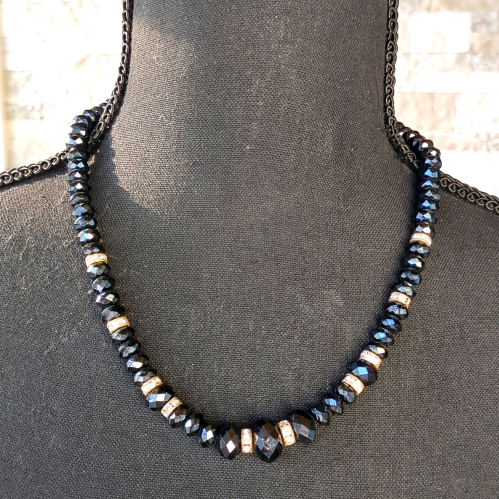 VTG 90s Necklace Black Glass Beads & Rhinestones Adjustable Length Dark Romance